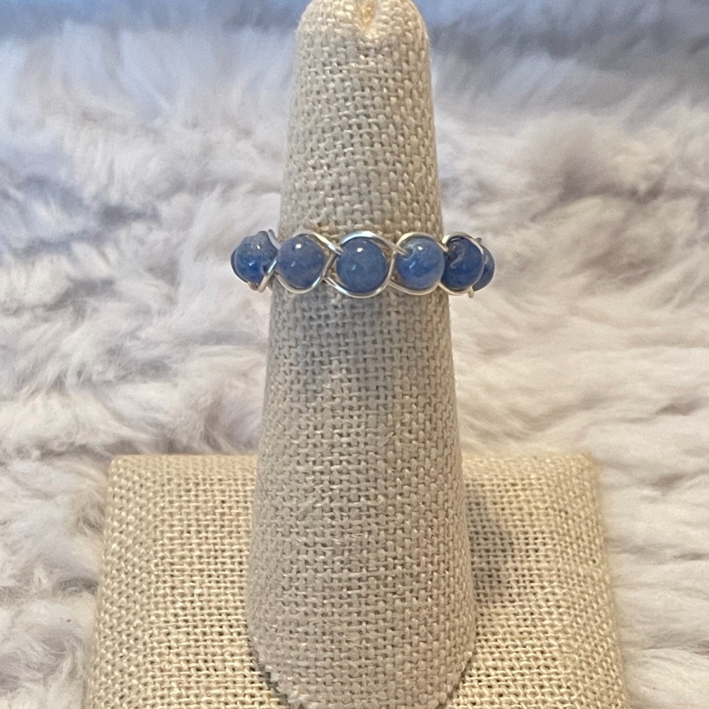 Blue quartz bezel wire wrapped bead ring. Size 6